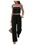 SOLY HUX Women's Summer Vacation 2 Piece Set Tie Shoulder Crop Top and Pants Travel Outfits Pure Black Small