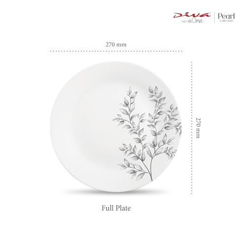 Image of La Opala Diva Pearl Collection Opal Glass Crockery | Full Plate Set of 6 | Dusky Vines Design | for Dining & Gifting | Microwave Safe | 100% Vegetarian | Extra Strong | Super Light & White