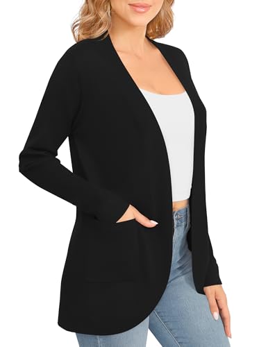 Image of EXCHIC Women's Long Sleeve Lightweight Knit Sweater Cardigan Curved Hem Open Front Cardigans with Pockets