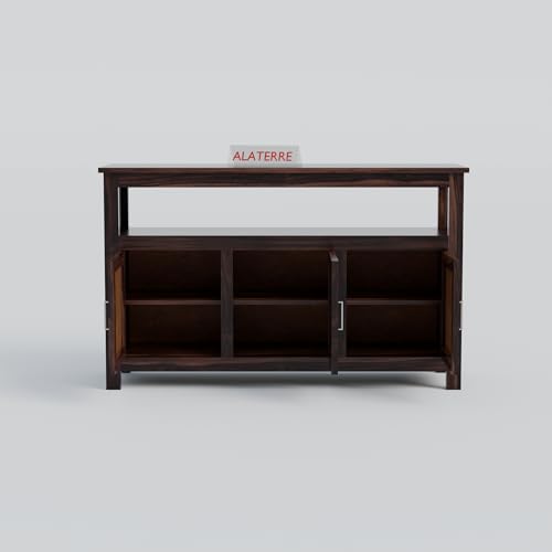 Image of ALATERRE Wooden Sideboard Cabinet with Cane Doors | 3 Door Storage Cabinet with Open Shelf | Solid Wood Buffet Table for Living Room, Dining Room & Entryway (Walnut Finish)
