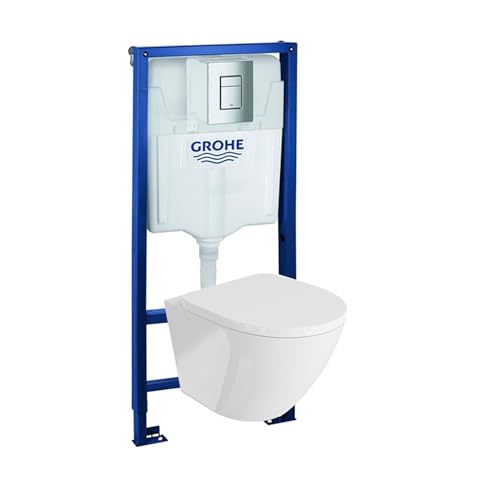 Grohe Rapid SL Élément mural de WC avec plaque de déclenchement + WC mural Lavita sans système de chasse d’eau + abattant WC avec système d'abaissement...