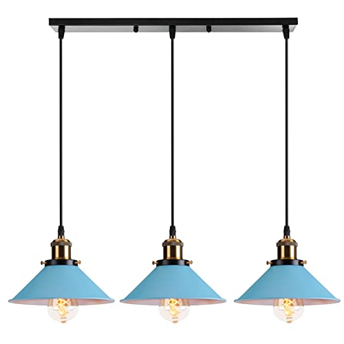PETITES ECREVISSES Lampadario a sospensione industriale 3 Luci Plafoniera Vintage Metallo Lampada da soffitto in Stile Edison Attacco E27 Paralume Ø22cm per Cucina Caffè Bar (Blu)