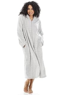 Camille Womens Calf-Length Fleece Zipped Housecoat | Soft & Fluffy Dressing Gown | Long Sleeves, Easy Zip Close, Turn-Over Collar & Pockets | Warm & Comfy | Beige Zebra 10-12