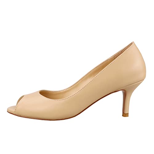 Lutalica W Women's Classic Matte Leather Open Toe Low Kitten Heel Sandals Slip On Medium Heel Peep Toe Dress Pumps Nude Size 92
