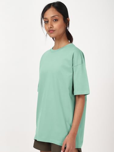 Image of Bewakoof Women's Solid Oversized Fit Half Sleeve Round Neck Cotton Jersey T-Shirt