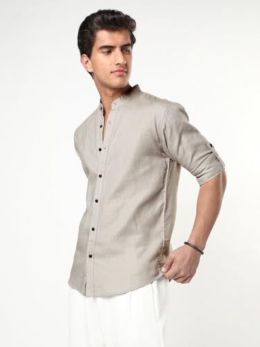 Image of Urbano Fashion Men's Linen Blend Full Sleeve Relaxed Fit Mandarin Collar Casual Solid Shirt