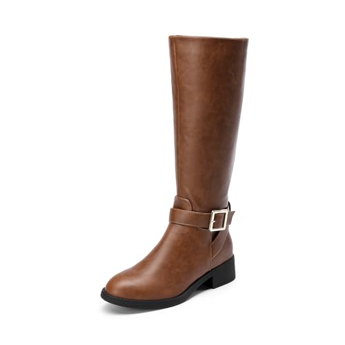 DREAM PAIRS DREAM PAIRS Women's Knee High Riding Boots Comfortable Low Chunky Heel Side Zipper Round Toe Casual Classic Ranching,Size 9.5,Light Brown,SDKB2307W
