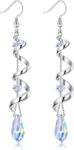MILACOLATO Pendientes Colgantes Largos De Cristal Para Mujer, Pendientes De Anzuelo De Plata 925, Cinta En Espiral Lágrima Múltiple Pendientes Aros Colgantes De Gota De Cristal Brillante Joyas Regalos