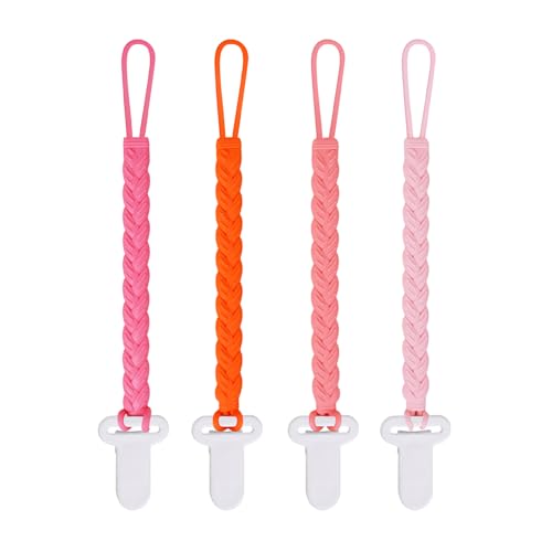 4 Pcs Pink Baby Silicone Teething Pacifier Clip,One-piece Design,Woven Shape,BPA Free.