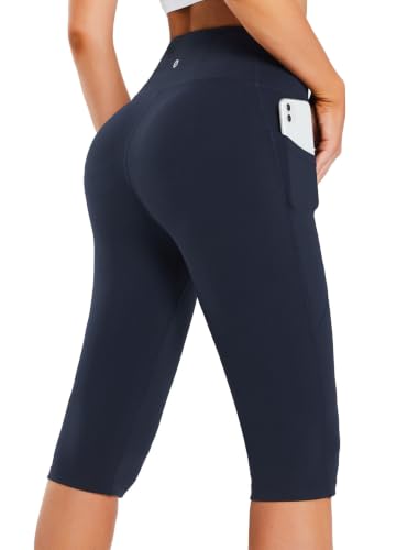 baleaf Women's Capri Leggings with Pockets Knee Length Yoga Navy Blue XXL