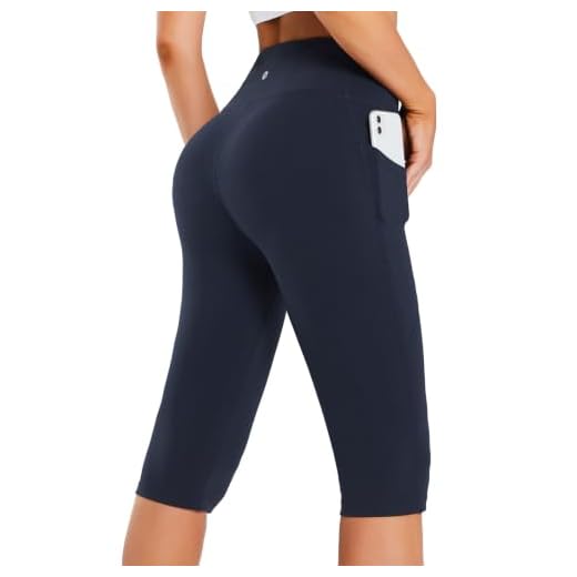 BALEAF Women's Knee Length Leggings High Waisted Plus Size Yoga Workout Exercise Capris for Casual Summer with Pockets Navy Blue XL