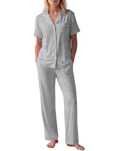 Image of HNG Women Pajamas Set 2 Piece Button Up Pajamas Pant and Short Sleeve Shirt for Woman Pj Sets with Pocket