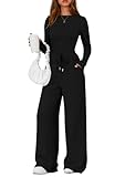 PRETTYGARDEN Matching Sets Women Clothing 2026 Fall Fashion Travel 2 Piece Lounge Sets Long Sleeve Crop Top Wide Leg Pants (Black,Small)