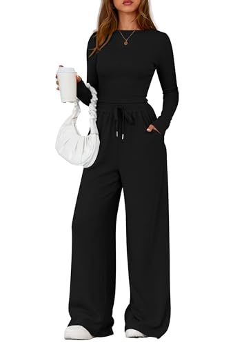 PRETTYGARDEN Matching Sets Women Clothing 2026 Fall Fashion Travel 2 Piece Lounge Sets Long Sleeve Crop Top Wide Leg Pants (Black,Small)