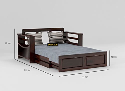 Image of Douceur Furnitures Solid Sheesham Wooden Sofa Cum Bed Single Size with Storage for Living Room | Wooden Foldable 2 Seater Sofa Cum Bed with Headboard Folding Bed for Home Bedroom (Walnut)