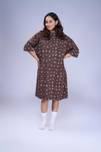Image of LAMA STORE Women's Printed Oversized T-Shirt Dress, Cotton, 3 /4 Sleeve Length, Casual Loose Fit, Comfort Wear Extra Comfy Oversized Printed Pocket T-Shirt Dress