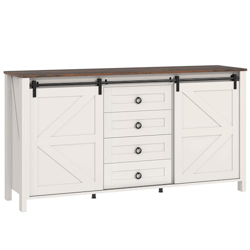 Image of HOMCOM 60" Farmhouse Sideboard Buffet Cabinet with Storage, Kitchen Cabinet with 2 Sliding Barn Doors, 4 Deep Drawers and 2 Adjustable Shelves, Distressed Cream White