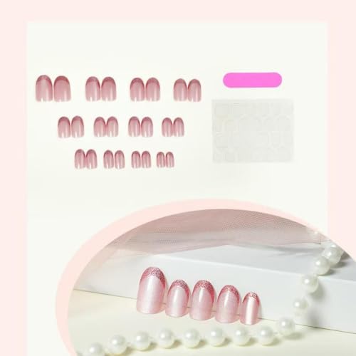 Image of Glitter Press on Nails Pink French Tip With Shiny Design Nude Pink Glue on Glossy Artificial Acrylic Full Cover Short Almond False Nails for Women Manicure 24Pcs