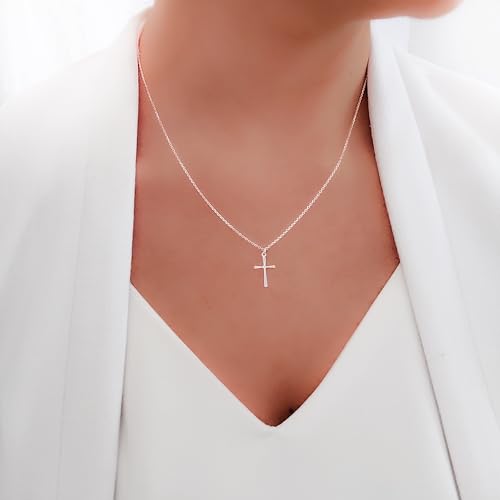 Annika Bella Small Cross Necklace, 925 Sterling Silver Faith Jewelry, Religious Tiny Pendant Charm Necklaces, Gift for Her (Silver)2