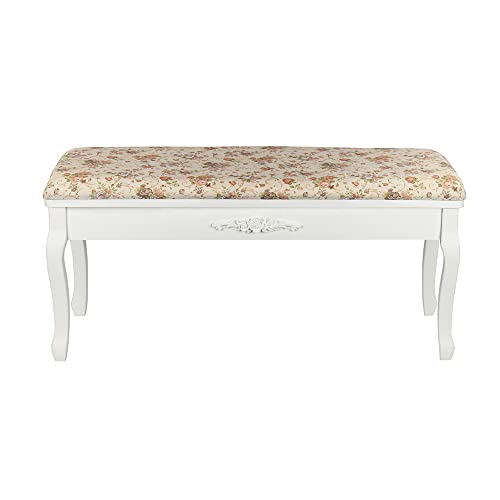 MOG Banqueta V Elegante Blanca Perla con Tela Floral 100 x 40 x 46,5 cm en Estilo Barroco