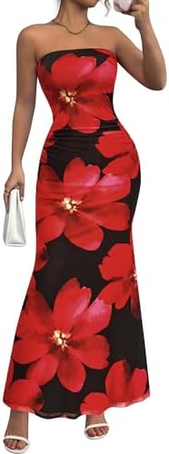 PRETTYGARDEN Womens Spring Dresses 2026 Sexy Strapless Tube Bodycon Mesh Ruched Floral Maxi Dress Wedding Club Outfits