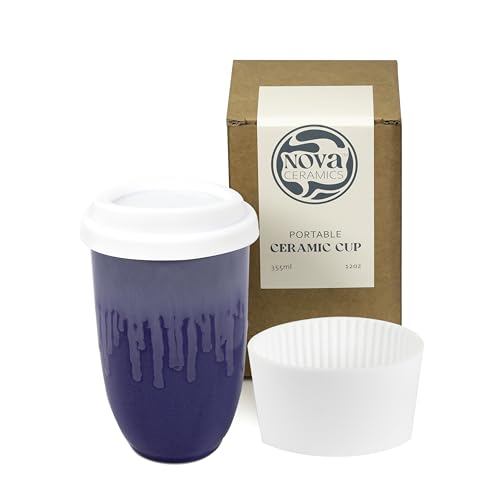 Image of NOVA CERAMICS Ceramic Tumbler- Blue Ceramic Mug - Microwave & Dishwasher Safe Coffee White & Orange Tumbler - Leak-Proof Coffee Travel Mug - 12oz - Neptune