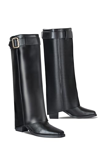 Fold Over Knee High Boots for Women,Boots for Women Knee High Wide Calf,Chunky High Heels Long Boots,2.8-in Pull on Square Toe Metal Buckle Tall Boots for Women,Below Knee Boots Faux Leather3