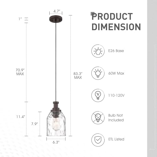 Image of zeyu 1-Light Kitchen Hanging Light Fixture, Farmhouse Island Pendant Lighting, Water Ripple Glass Shade, Oil Rubbed Bronze Finish, ZG33M1L-L ORB-WG