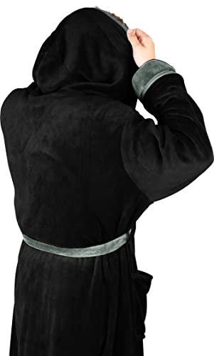 NY Threads Mens Hooded Fleece Robe - Plush Long Bathrobes, Black With Steel Grey Contrast, XXL-3XL