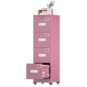 Aobabo File Cabinet 4 Drawer with Wheels, Lockable Office Metal Filing Cabinet with Name Card for Office and Home,Assembly Required,Pink