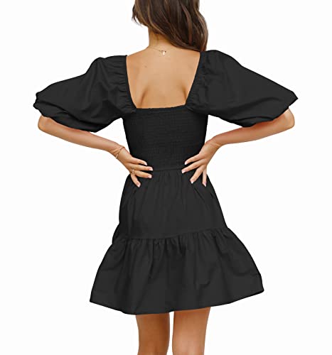 Atizon Women's Summer Smocked Dress Square Neck Puff Sleeve Casual Vintage Off Shoulder A-Line Short Mini Dress #TOP3