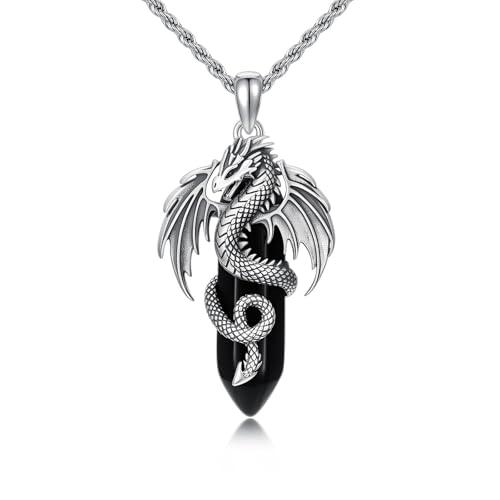 Collier dragon en argent 925 et obsidienne véritable ciselée main