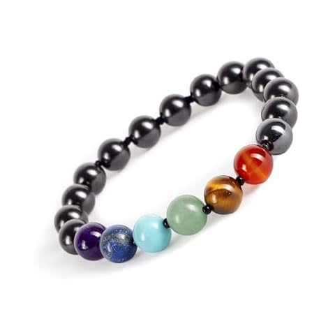 Wallystone Gems Shungite - 7 Chakras Bracelet - Find balance witting body and mind - Crystal Healing Gem - Each come with Certificate Cover