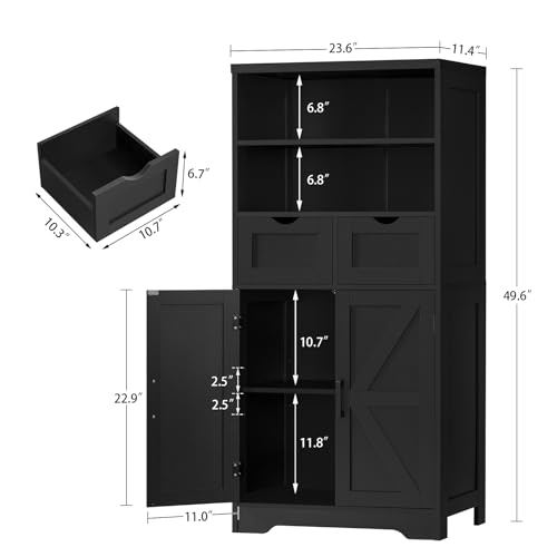 Image of TEENFON Storage Cabinet with Doors & 2 Drawers, Kitchen Cabinet with Adjustable Shelf, Pantry Cabinets, Bathroom Cabinets, for Living Room, Entryway, Home Office, Black