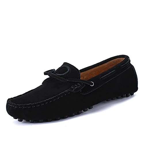 HOOENG Smoking Loafer for Men Genuine Leather Round Toe Stitching Details Suede Vamp Deck Shoes Lightweight Anti-Slip Resistant Flexible Walking Slip On