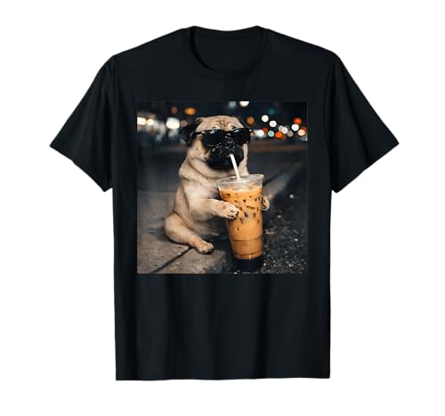 Funny Pug Drinking Iced Coffee Cute Dog Meme Humor T-Shirt