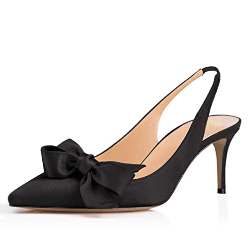 LEMUTISME Women's Elegant Satin Closed Pointed Toe Heel Sandals Sexy Slingback Slip on Dress Pumps Shoes with Bow for Evening Prom