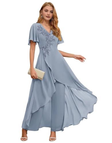 Elegant Dusty Blue Two-Piece Pant Suit for the Mother of the Bride