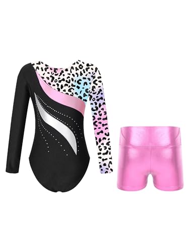 Kids Girls Long Sleeve Leotards with Shorts Sets 2 Pieces Gymnastics Dance Outfits Dancewear Tracksuit2