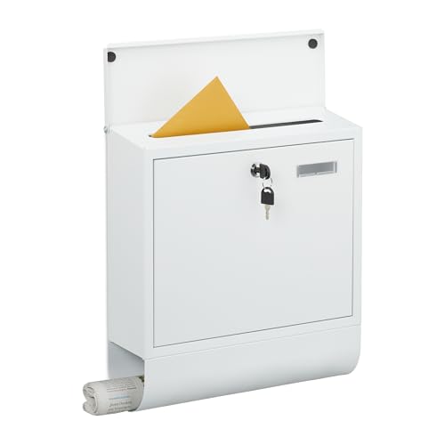 Relaxdays Briefkasten mit Namensschild, 4 Schlüssel, Zeitungsfach, Postkasten, HxBxT: 41,5 x 37,5 x 14 cm, Metall, weiß Relaxdays Briefkasten mit Namensschild, 4 Schlüssel, Zeitungsfach, Postkasten, HxBxT: 41,5 x 37,5 x 14 cm, Metall, weiß