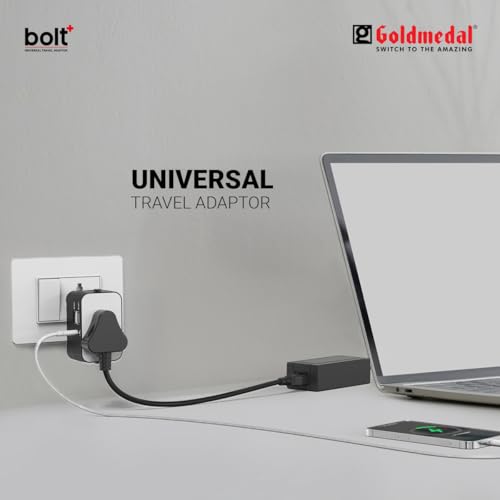 Image of Goldmedal Bolt + Universal Travel Adaptor | 2 Type A & 1 Type C USB Ports for Quick Charging | Supports Variety of Plug Types| Perfect for International Travel - Black & White | For Home & Office, Supports Variety of Plug Types| Perfect for International Travel - Black & White