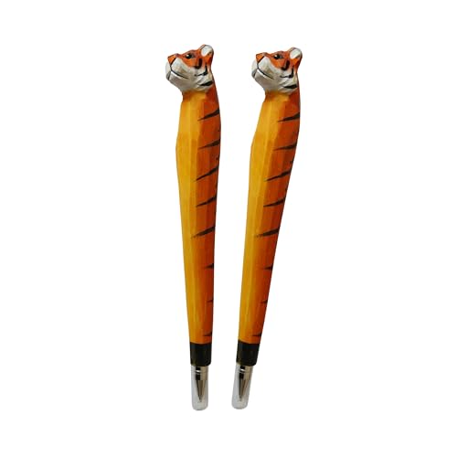 LongJT 2PCS Wood Carved Animal Gel Pen 100% Handmade and handpaited Cute Stationary Supply Office Supply Fun Pen Novelty Writing Pen Unique Gift for Animal (Tiger)