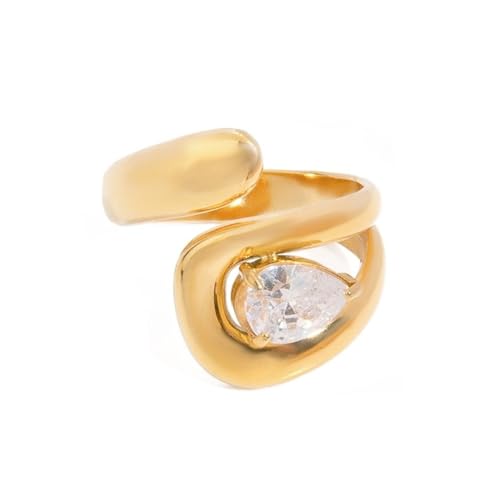 Dainty Adjustable Cubic Zirconia Ring for Women Gold-Tone Plated Stackable Wrap Ring Sparkling CZ Wedding Eternity Band Comfort Fit Middle Thumb Finger Hypoallergenic Stainless Steel Fashion Jewelry
