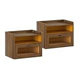 ChooChoo Floating Nightstand Set of 2 with LED Lights, Floating Bedside Table with Drawers, Modern Nightstand, Bedside Shelf Wall Mounted End Table for Bedroom Room, Walnut