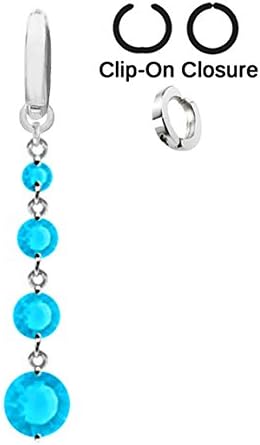 Fake Belly Navel Non Clip on Aqua Lt Blue 4 Prong Set gems Small to Large Long Dangle Ring