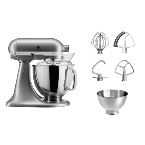 KitchenAid Robot Pâtissier - Artisan - Robot cuisine multifonctions à tête inclinable - Batteur avec 5 accessoires et 2 bols inox de 4,8 et 3 L - Gris argent