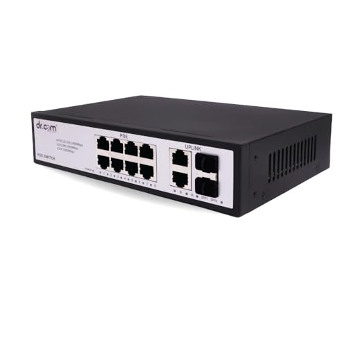 Image of dr.com 12 Port Gigabit PoE Switch with 8 PoE Ports 2 Uplink Ports and 2 SFP Slots 10 /100 /1000 Mbps 120W Power IEEE 802.3af /at Network Switch for CCTV Plug and Play Metal Body Black