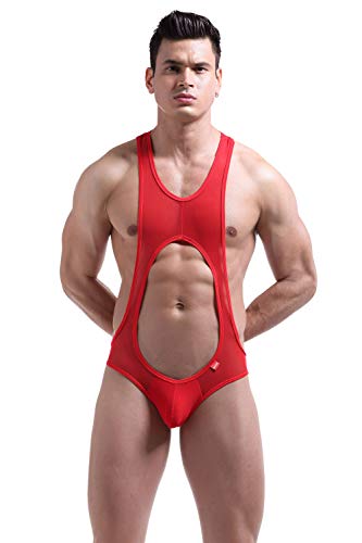 ONEFIT Men's Mesh Wrestling Singlet Bodysuit Underwear Jumpsuit Undershirt M Red