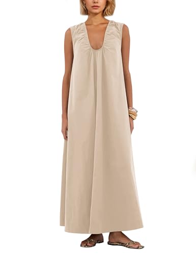 Image of Women Sleeveless Ruched Maxi Dress Scoop Neck Long Elegant Dresses Wide Shoulder Strap Blouse Dress with Side Pockets