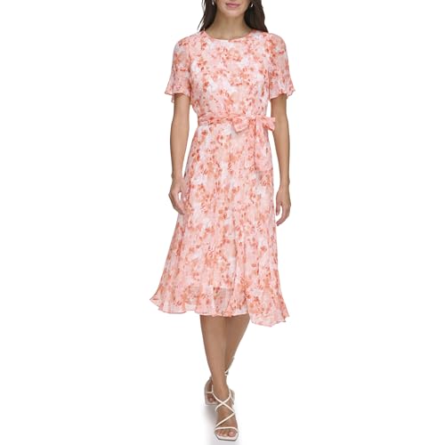 Image of DKNY Women's Flutter Sleeve Round Neck Waist Tie Midi Dress